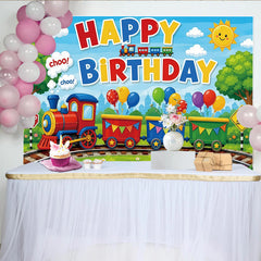 Lofaris Toile de fond pour anniversaire train coloré avec ballons et dessin animé, magnifique décor de fête pour enfants et séance photo