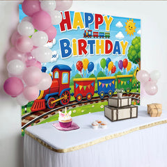 Lofaris Toile de fond pour anniversaire train coloré avec ballons et dessin animé, magnifique décor de fête pour enfants et séance photo