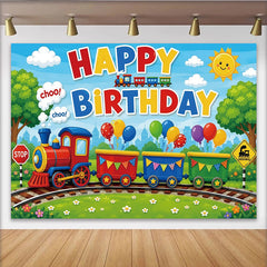 Lofaris Toile de fond pour anniversaire train coloré avec ballons et dessin animé, magnifique décor de fête pour enfants et séance photo