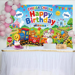Lofaris Toile de fond joyeux anniversaire train et animaux de dessin animé, scène de fête colorée pour enfants et studio photo