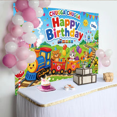 Lofaris Toile de fond joyeux anniversaire train et animaux de dessin animé, scène de fête colorée pour enfants et studio photo