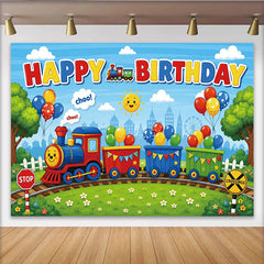 Lofaris Toile de fond joyeux anniversaire train dessin animé pour enfant, décor de fête coloré avec ballons et ville pour studio photo