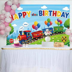 Lofaris Toile de fond joyeux anniversaire train dessin animé pour enfants avec ballons, magnifique décor de fête pour studio photo