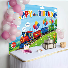 Lofaris Toile de fond joyeux anniversaire train dessin animé pour enfants avec ballons, magnifique décor de fête pour studio photo