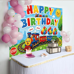 Lofaris Toile de fond joyeux anniversaire train dessin animé et ballons, arrière-plan festif pour studio photo et célébration