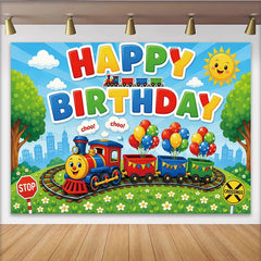 Lofaris Toile de fond joyeux anniversaire train dessin animé et ballons, arrière-plan festif pour studio photo et célébration