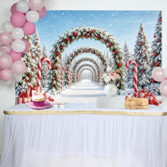 Lofaris Toile de fond de Noël enneigée avec arches de sapins et boules rouges, décor féerique d'hiver pour studio et fête