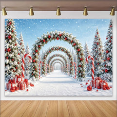 Lofaris Toile de fond de Noël enneigée avec arches de sapins et boules rouges, décor féerique d'hiver pour studio et fête