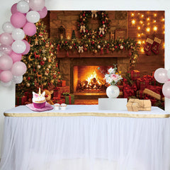 Lofaris Toile de fond de Noël cheminée et sapin décoré avec cadeaux, arrière-plan chaleureux pour photographie de vacances
