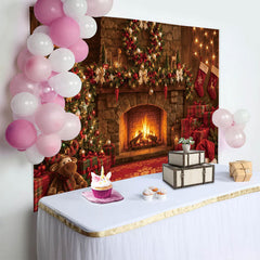 Lofaris Toile de fond de Noël cheminée chaleureuse sapin décoré et cadeaux, magnifique arrière-plan pour ambiance festive et studio photo