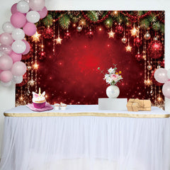 Lofaris Toile de fond de Noël rouge et or avec étoiles scintillantes et boules, décor festif pour fête d'hiver et photographie