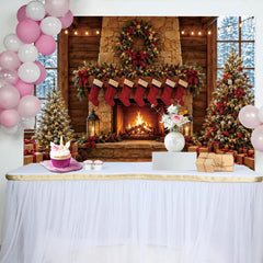 Lofaris Toile de fond de Noël avec cheminée, sapins et cadeaux, magnifique arrière-plan hivernal chaleureux pour studio photo
