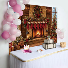 Lofaris Toile de fond de Noël avec cheminée, sapins et cadeaux, magnifique arrière-plan hivernal chaleureux pour studio photo
