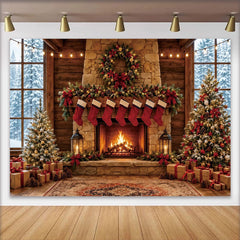 Lofaris Toile de fond de Noël avec cheminée, sapins et cadeaux, magnifique arrière-plan hivernal chaleureux pour studio photo