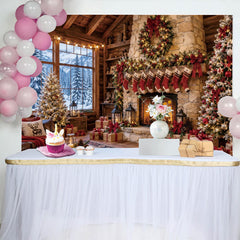 Lofaris Toile de fond de Noël chalet en bois, cheminée et sapins enneigés, décor de fête hivernal pour studio photo