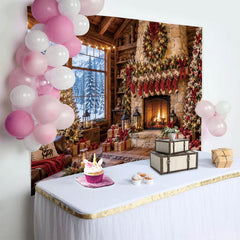 Lofaris Toile de fond de Noël chalet en bois, cheminée et sapins enneigés, décor de fête hivernal pour studio photo