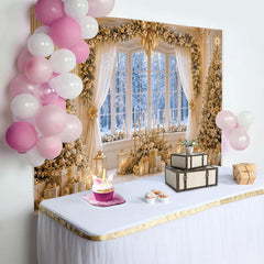 Lofaris Toile de fond de Noël élégante avec sapins dorés et fenêtre enneigée, luxueux décor de fête hivernal pour studio photo