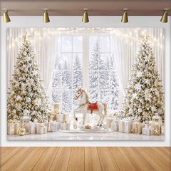 Lofaris Toile de fond de Noël élégante avec sapins enneigés et cadeaux, magnifique arrière-plan de fête pour studio photo
