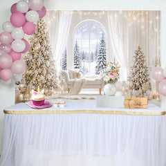 Lofaris Toile de fond de Noël élégante blanche et or avec sapins enneigés, arrière-plan luxueux pour studio photo d'hiver