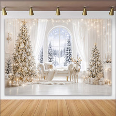 Lofaris Toile de fond de Noël élégante blanche et or avec sapins enneigés, arrière-plan luxueux pour studio photo d'hiver