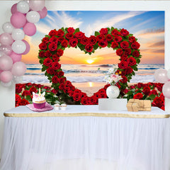 Lofaris Décor de photographie Mariage coucher de soleil plage, arche cœur de roses rouges et vagues