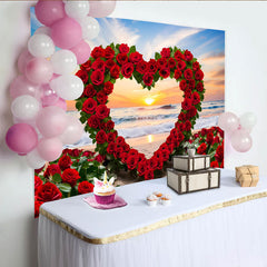 Lofaris Décor de photographie Mariage coucher de soleil plage, arche cœur de roses rouges et vagues