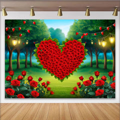 Lofaris Décor de photographie Forêt enchantée cœur, cœur de roses rouges et guirlandes lumineuses pour Saint-Valentin