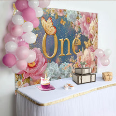 Lofaris Décor de photographie Premier anniversaire floral, ONE doré et pivoine rose