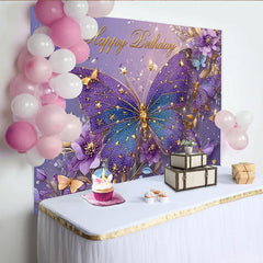 Lofaris Décor de photographie Anniversaire papillon violet, étoiles dorées et fleurs