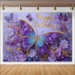 Lofaris Décor de photographie Anniversaire papillon magique, paillettes violettes et dorées