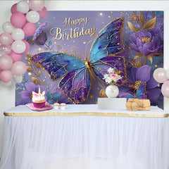 Lofaris Décor de photographie Anniversaire papillons magiques bleu et violet, fleurs scintillantes