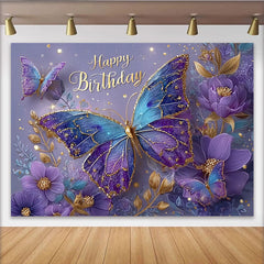 Lofaris Décor de photographie Anniversaire papillons magiques bleu et violet, fleurs scintillantes