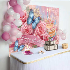 Lofaris Toile de fond anniversaire roses roses, fond gâteau papillon bleu, décoration fête princesse florale