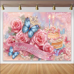 Lofaris Toile de fond anniversaire roses roses, fond gâteau papillon bleu, décoration fête princesse florale