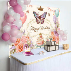 Lofaris Toile de fond anniversaire floral vintage, fond papillon ballon pastel, accessoire table gâteau art croquis
