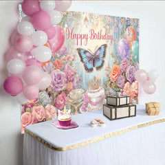 Lofaris Toile de fond anniversaire papillon rêveur, fond ballon floral pastel, accessoire table gâteau forêt magique