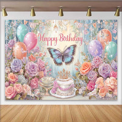 Lofaris Toile de fond anniversaire papillon rêveur, fond ballon floral pastel, accessoire table gâteau forêt magique