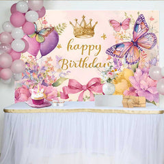 Lofaris Toile de fond anniversaire ballon cœur, fond couronne papillon aquarelle, accessoire photo fête fille douce