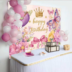 Lofaris Toile de fond anniversaire ballon cœur, fond couronne papillon aquarelle, accessoire photo fête fille douce