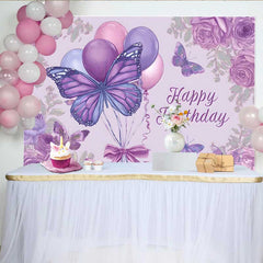 Lofaris Toile de fond anniversaire croquis violet, fond floral ballon papillon, accessoire fête art dessin vintage