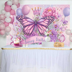 Lofaris Toile de fond anniversaire papillon scintillant, fond couronne florale rose violet, accessoire photo princesse magique