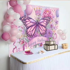 Lofaris Toile de fond anniversaire papillon scintillant, fond couronne florale rose violet, accessoire photo princesse magique