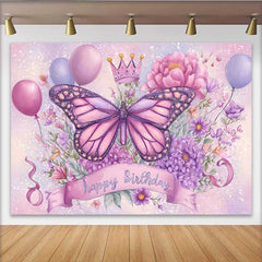 Lofaris Toile de fond anniversaire papillon scintillant, fond couronne florale rose violet, accessoire photo princesse magique