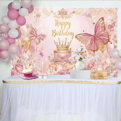 Lofaris Toile de fond anniversaire papillon floral rose, bannière table gâteau couronne princesse, décoration fête fille