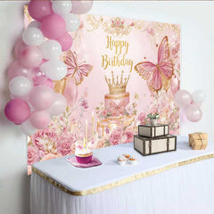 Lofaris Toile de fond anniversaire papillon floral rose, bannière table gâteau couronne princesse, décoration fête fille