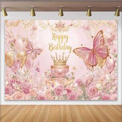 Lofaris Toile de fond anniversaire papillon floral rose, bannière table gâteau couronne princesse, décoration fête fille