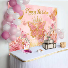 Lofaris Toile de fond anniversaire papillon rose et or, fond Cake Smash couronne princesse, décoration fête florale