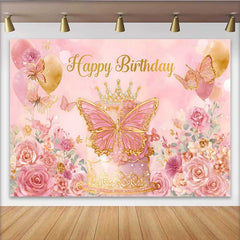 Lofaris Toile de fond anniversaire papillon rose et or, fond Cake Smash couronne princesse, décoration fête florale