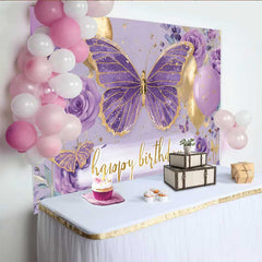 Lofaris Toile de fond anniversaire papillon floral violet, fond fête ballon doré, accessoire photo Cake Smash fille
