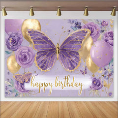 Lofaris Toile de fond anniversaire papillon floral violet, fond fête ballon doré, accessoire photo Cake Smash fille